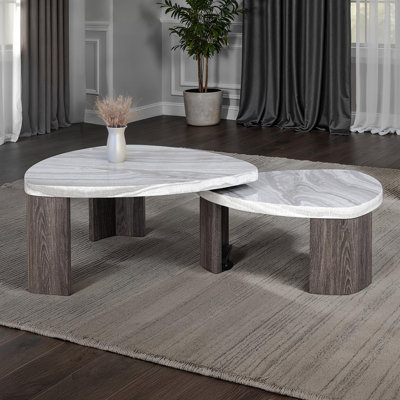 Contemporary Style Triangle 3Pc Table Set 1X Nesting Coffee Table 2X End Table Marble Pattern Space Saving Design Primary Living Room
