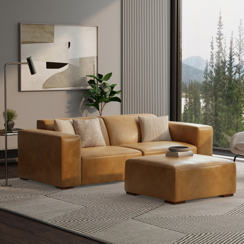 Rex 88" Genuine Leather Modular Sofa and Ottoman, Sienna Genuine Leather