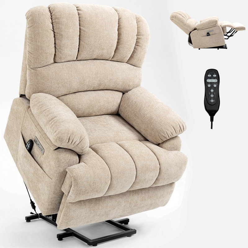 23" Seat Width And High Back Large Size Beige Chenille Power Lift Recliner Chair With 8-Point Vibration Massage And Lumbar Heating