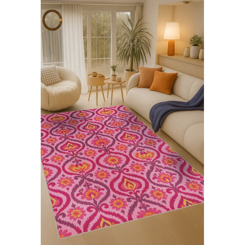 Tapis rose tissé à envers lavable traditionnel Mosso, 3'3" x 4'11"