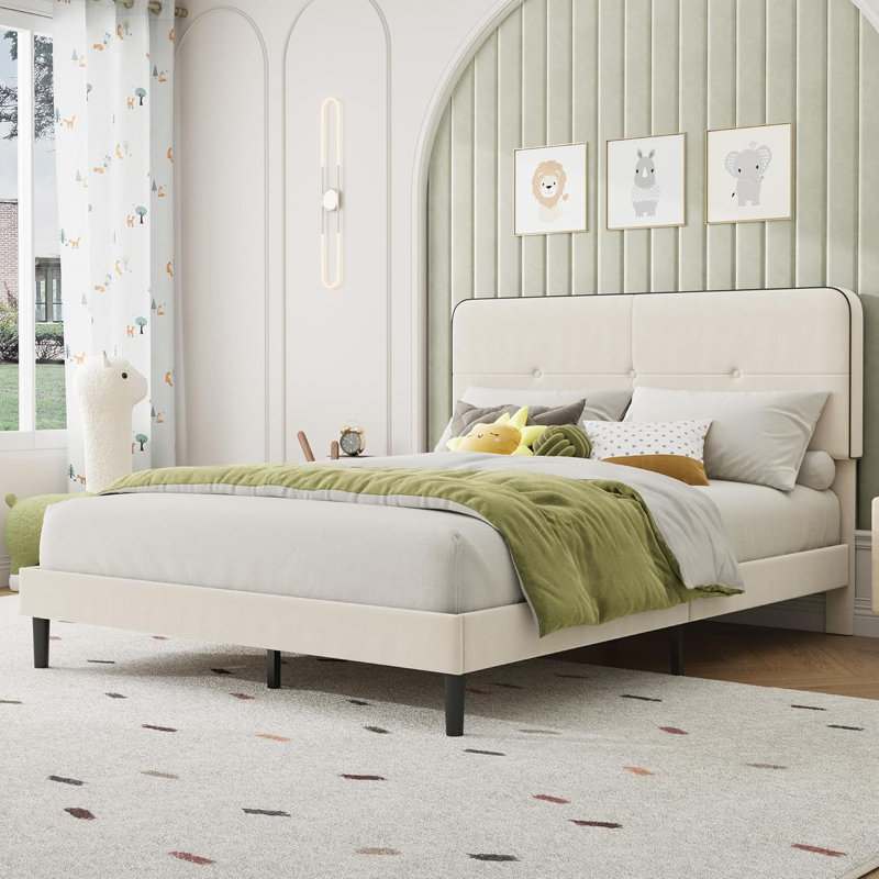 Lit plateforme tapissier en velours, cadre de lit avec tête de lit réglable, lattes de bois, support en métal, Beige