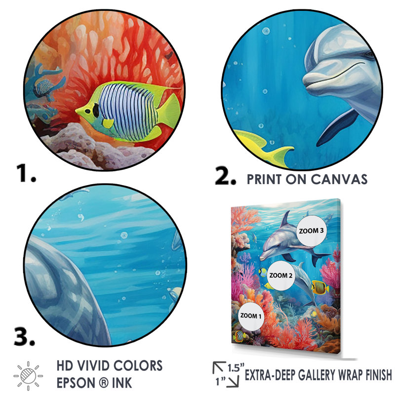 «Dolphin Family Ocean Ballet» sur toile, Cadre flottant doré, H 32 po x l 16 po x P 1 po