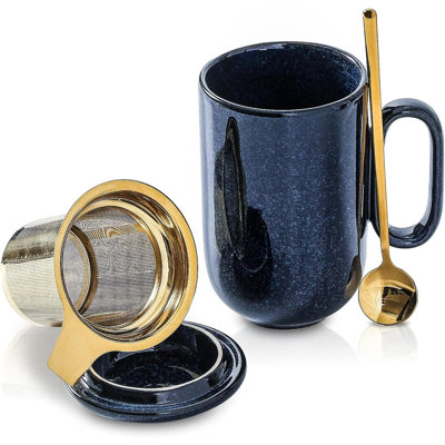 Ceramic Tea Cup Mug Infuser - Hot Loose Steeping Handle Teacup With Leaf Infuser Spoon Lid -  Tall Glazed Strainer Coffee Mug Microwave Safe