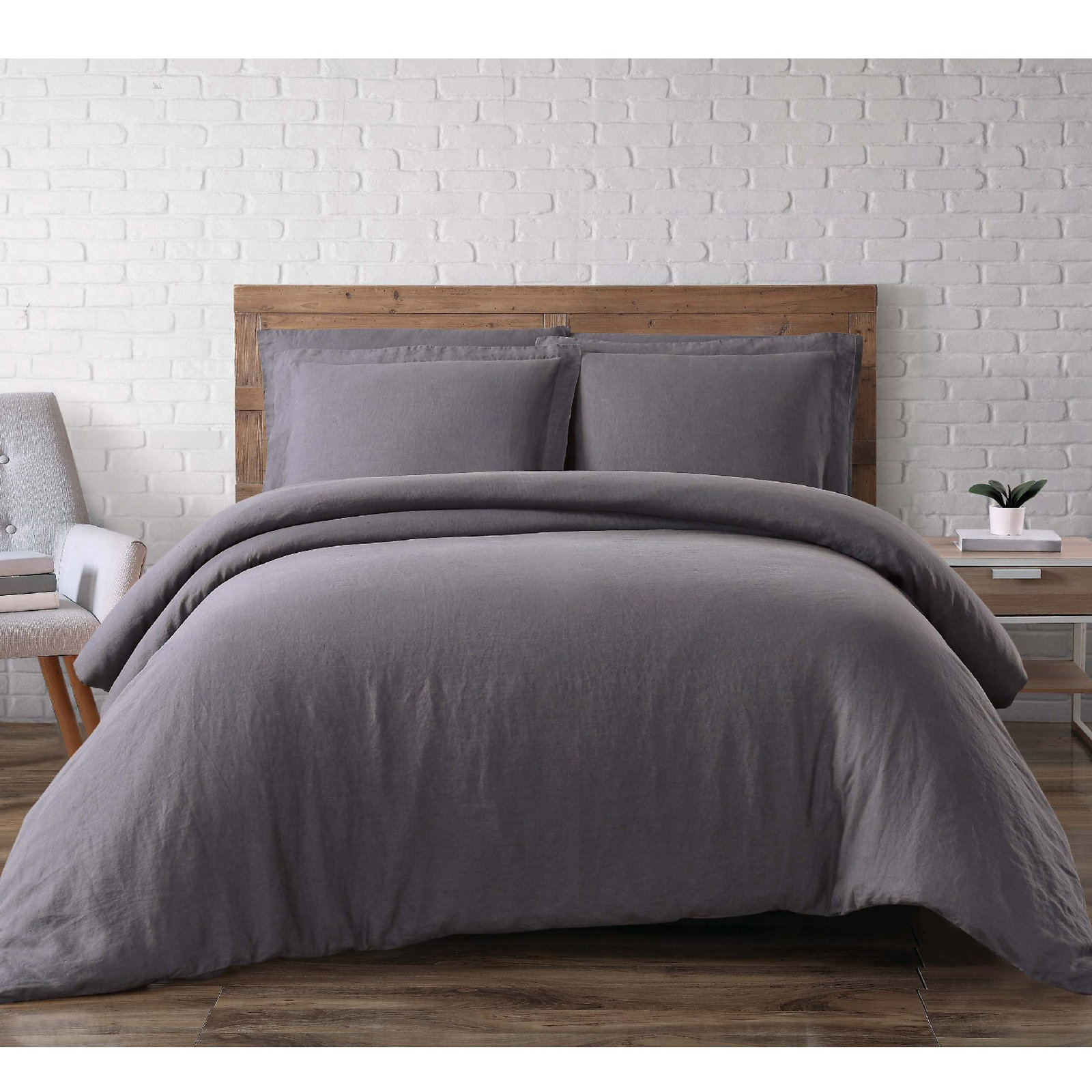 Nena Linen Percale Duvet Cover Set, Full / Queen, Charcoal