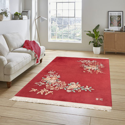 Oriental Estate Verdant Red Hand Knot Wool Traditional Floral Oriental Area Rug