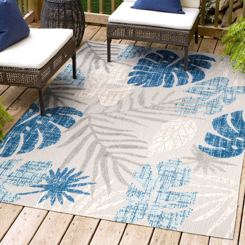 Tapis intérieur / extérieur gris clair / bleu marine Etolin, Gris clair / Marine, Rectangle 7 pi 9 po x 10 pi