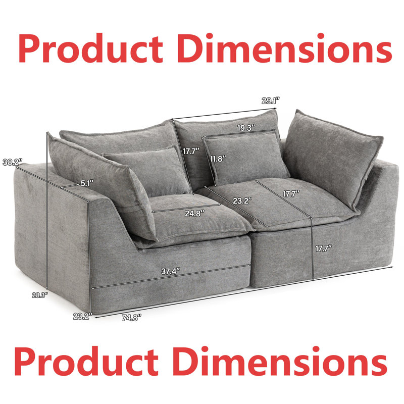 Ensemble de canapé modulaire surdimensionné avec sièges larges et profonds 74,8 po, velours gris antique, ensemble de salon 2 places