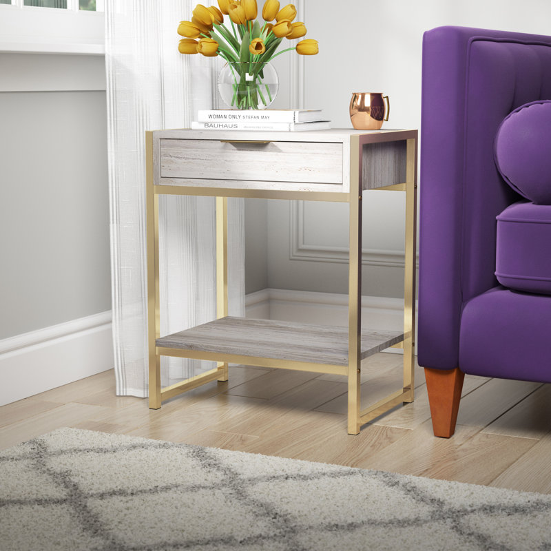 Table de bout d'appoint, tiroir, 1 tablette, 20 po, Himal, Or, Beige