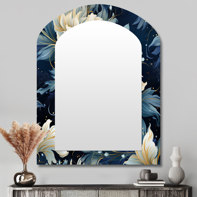 Astral Blue White Damask Radiance - Damask Asymmetrical Mirror, White Arch Unique Wall Mirror, Printed Metal Art, 43'' x 33''