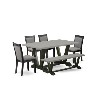 The 6-piece dinner table set consists of a distressed Jacobean dinette table a wood bench and 4 cream linen fabric parson chairs with high back - wire