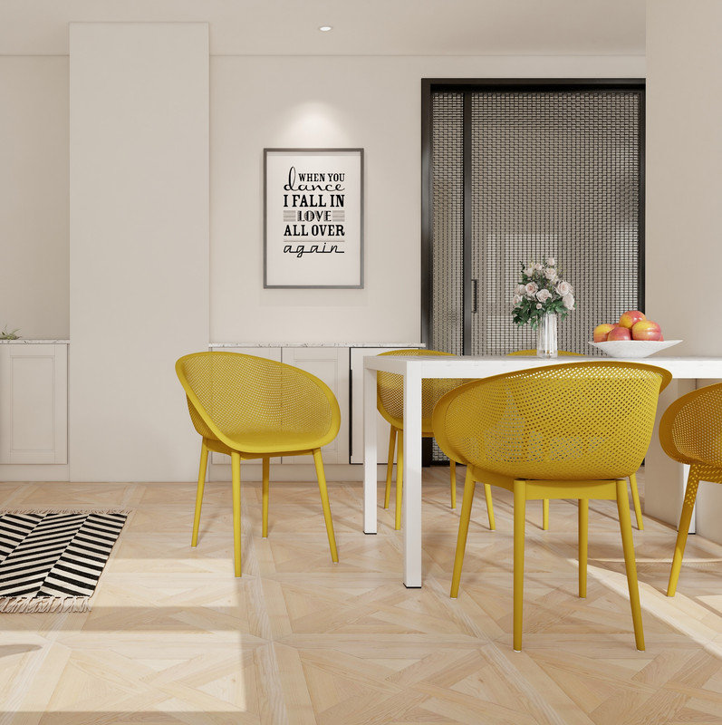 4-Pack Earthy Yellow Modern Lounge Chairs – Indoor/Outdoor All-Weather PP Plastic with 55 Inch White Modern Long Table - Indoor/Outdoor- Lightweight PP Tabletop with Metal