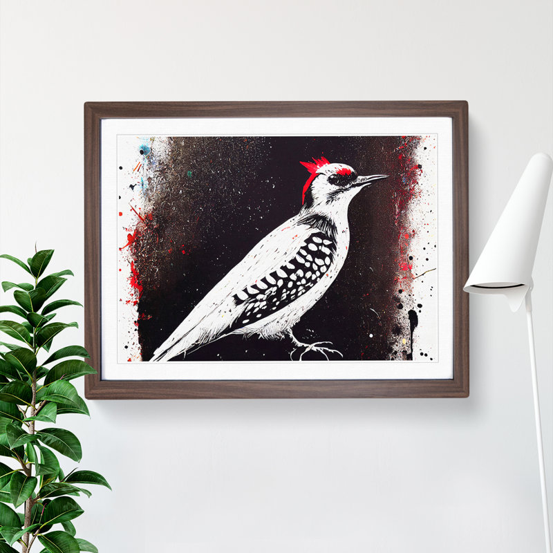 Dramatic Woodpecker Bird Abstract 1 Piece Single Picture Frame Painting, 46cm H x 64cm W x 2cm D, Walnut Framed