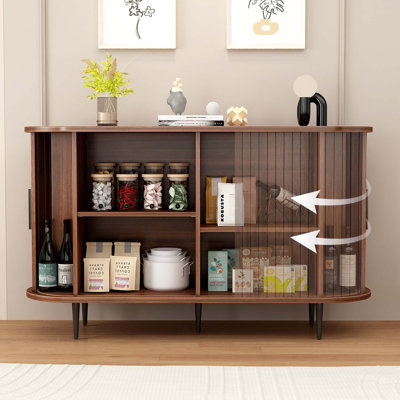 Buffet Buffet avec rangement, armoire d'appoint cannelée avec bord arrondi, porte coulissante pour le salon, la salle à manger, la cuisine, le couloir