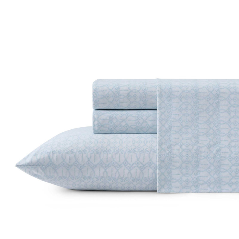Ensemble de draps en coton percale Tommy Bahama, Ensemble de draps pour grand lit avec 2 taies d'or, Palmier bleu ikat