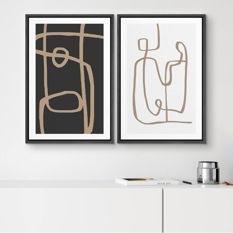 Motif géométrique en spirale brun - ensemble de 2 reproductions sur toile flottante, Noir, H 36 po x l 24 po