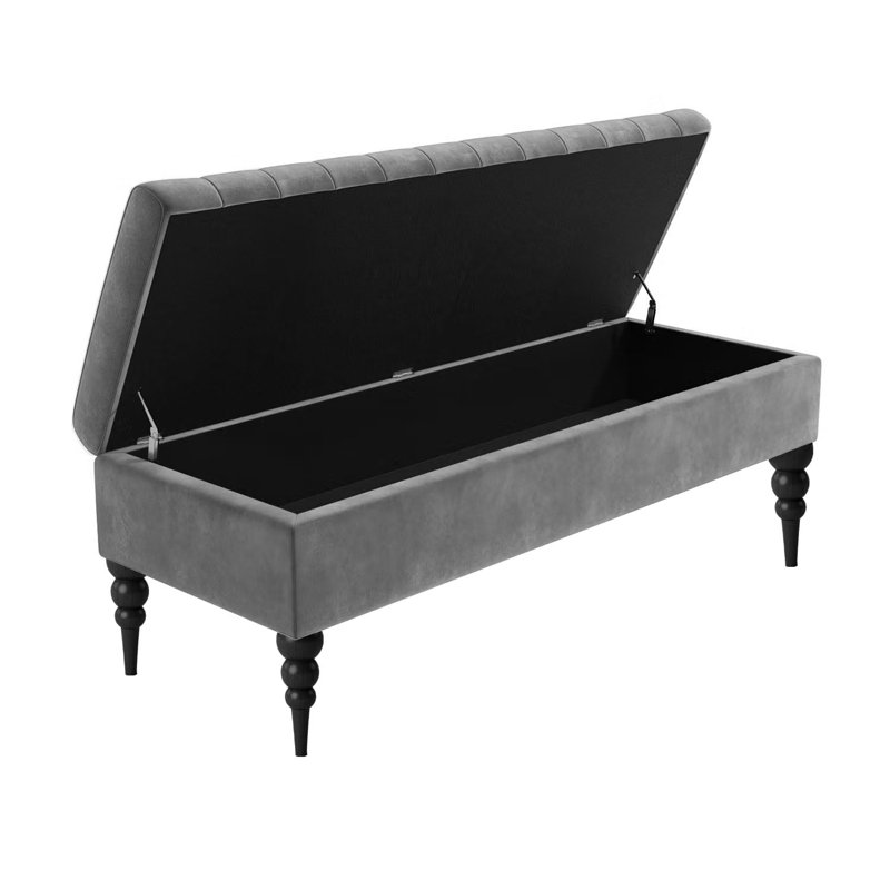 Sierra Striped Ottoman Storage Bench - Upholstered Plush Velvet Shoes Bench with Turned Wooden Legs, Grey
