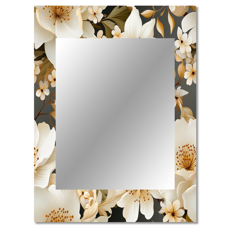 Zamina White Playful Flower Enchantment - miroir décoratif floral, miroir mural de maison de campagne, impression d'art en métal