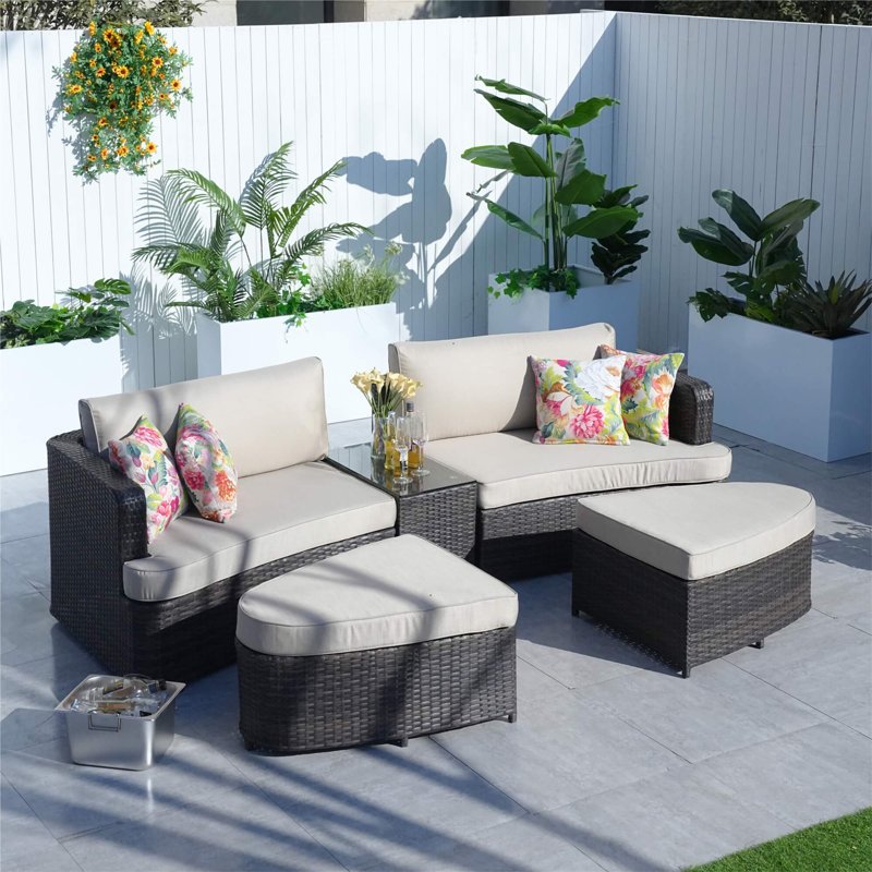 Outdoor Daybed 5-Piece All-Weather Wicker Outdoor Sectional Sofa Set with Ottoman, Tempered Glass Coffee Table and Cushions, Aluminum Frame Patio Brown Conversation Set