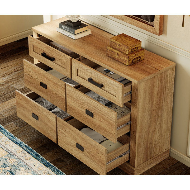 Commode à 12 tiroirs Glenford Farmhouse, commode large en bois avec poignées en métal,, Chêne rétro