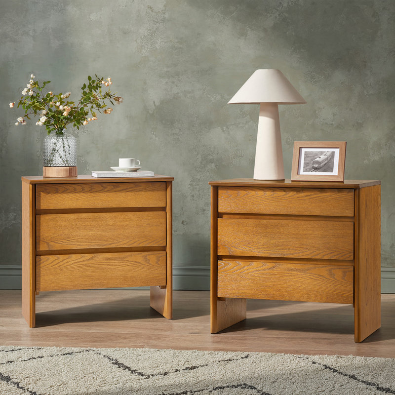 Jepson 24.25''W Fully Assembled Mid-century Modern 3 Soft-Close Drawers Nightstand with Built-In Outlets, Acorn