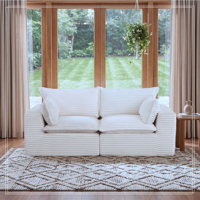 Causeuse en velours côtelé avec coussin moelleux et coussin décoratif, Blanc
