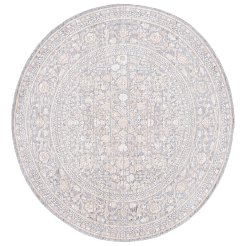 Tapis oriental en polyester tissé à la machine en ivoire / gris, Rond 6 pi 3 po