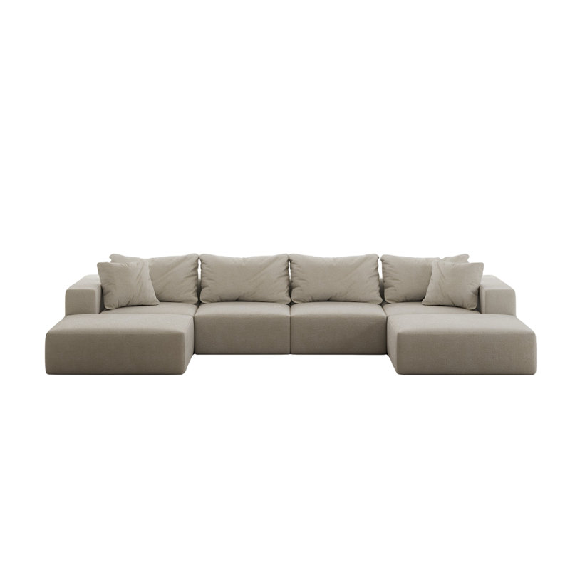 Tomeco Upholstered L-Shape Sectional Sofa with 7 pillows, Beige Chenille