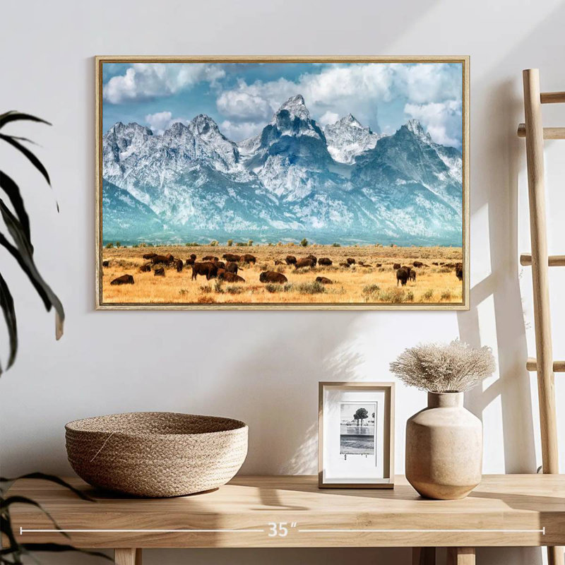 Troupeau de bisons à Grand Teton, Cadre flottant en bois naturel, 25 po x 17 po