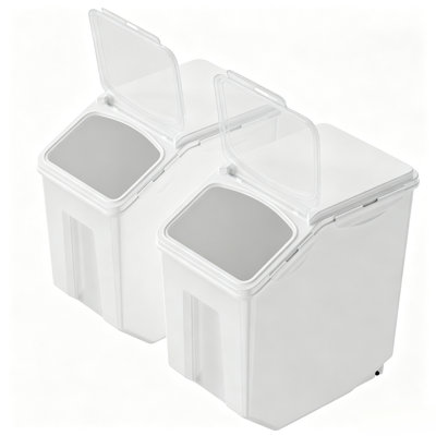 Ensemble de 2 bacs de rangement pour ingrédients de 15 L - Contenant alimentaire pour chien hermétique avec 2 tasses à mesurer, roulettes amovibles, couvercle transparent, plastique PP pour la farine de céréales de riz de cuisine, blanc