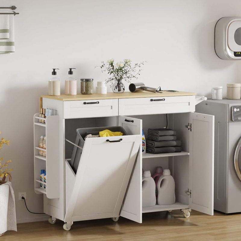 Îlot de cuisine roulant avec prise de courant et abattant, Blanc