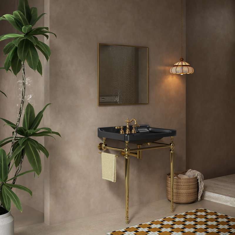 28" Bathroom Console Sink, Freestanding Wall Mounted Single Bathroom Vanities Set With 3 Tap Holes & Towel Bar, Gold, Black