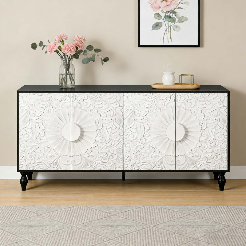 Large Faceted Carved And Spliced Doors Sideboards, Black White