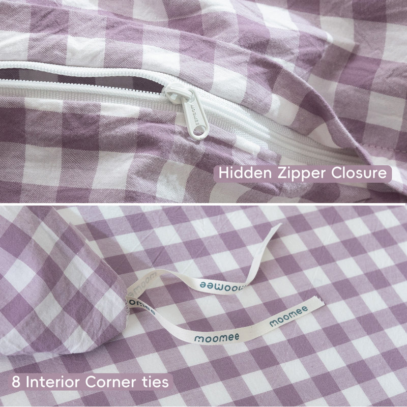 Ensemble de housse de couette 100% coton lavé MooMee Gingham, Housse de couette grand et 2 taies d'oreiller stan, Mauve clair