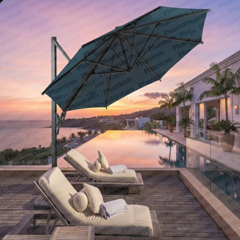 Grand parasol de patio en porte-à-faux carré bleu de 10 pi avec rotation à 360 ° et réglage des mésanges et parasol de terrasse robuste à baldaquin en polyester sans base.