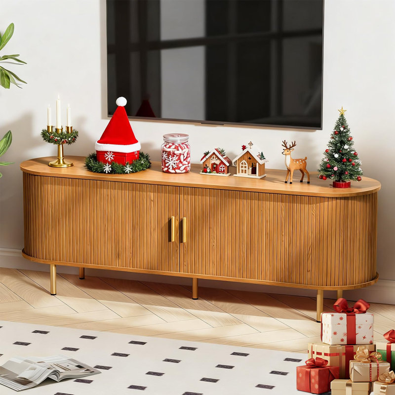 63'' Wooden TV Stand For Tvs Up To 70 Inch, Entertainment Center, Console Cabinet With Power Outlet And Ample Storage Place(Yellow Walnut)