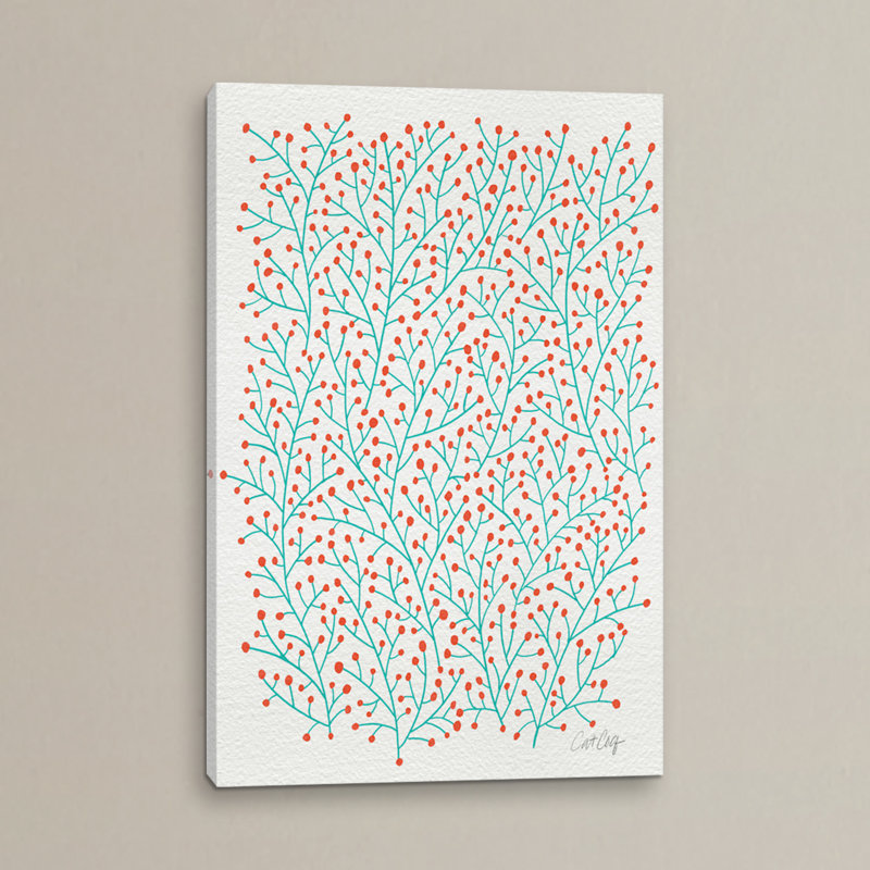 «Berry Branches Red Turquoise» par Cat Coquillette - estampe numérique sur toile tendue avec châssis, Pas de tapis