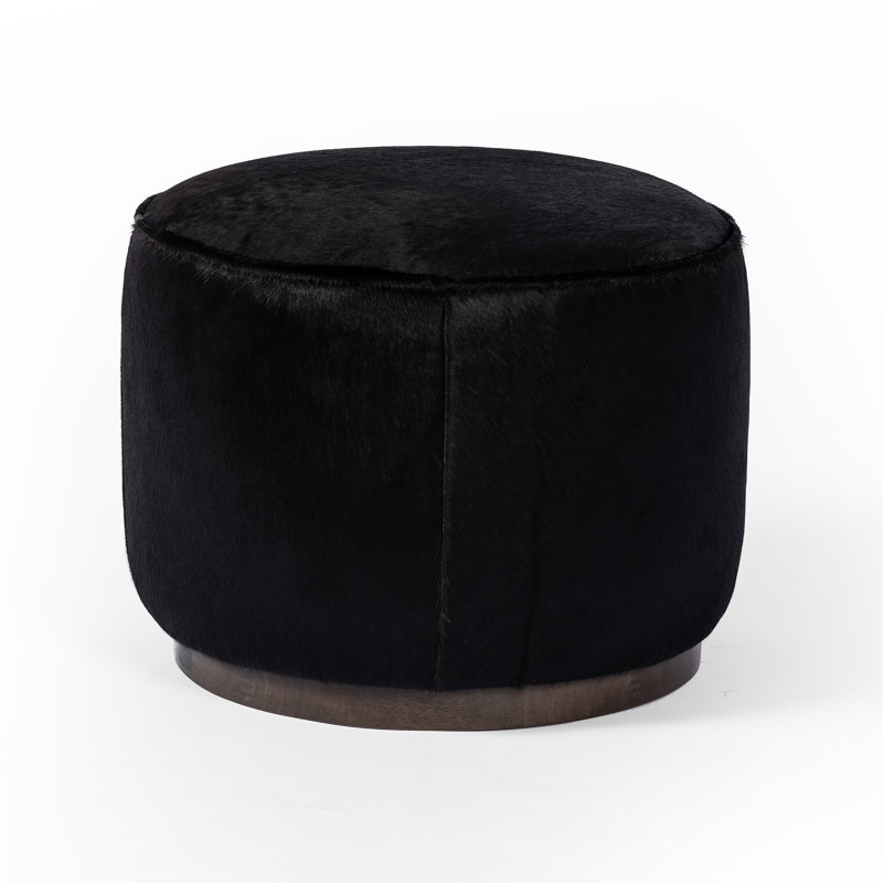 Sinclair Round Ottoman, Black Hair On Hide Genuine Leather