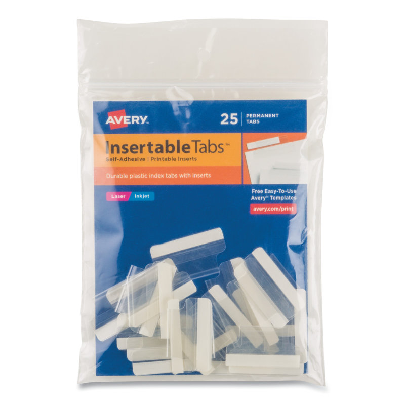 Avery Clear Self-Adhesive Index Tabs with Printable Inserts, 1 Inch, Pack of 25