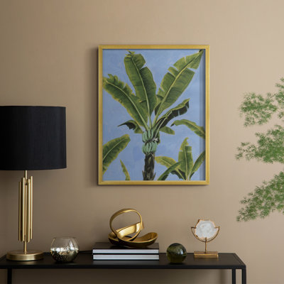 «Banana Leaves on Blue I», reproduction encadrée - bois massif
