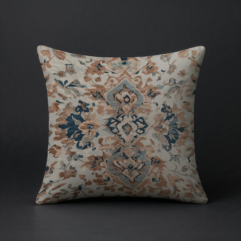 Coussin décoratif intérieur et extérieur Modern, Carré 18 po, Ivoire / bleu / brun damassé