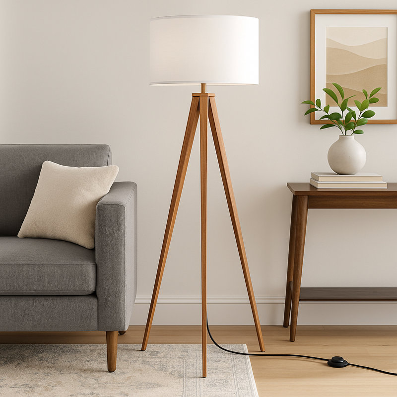 Cardone 60" Tripod Floor Lamp with Drum Shade and Foot Switch – Wooden Metal Legs/White Shade, Natural/White