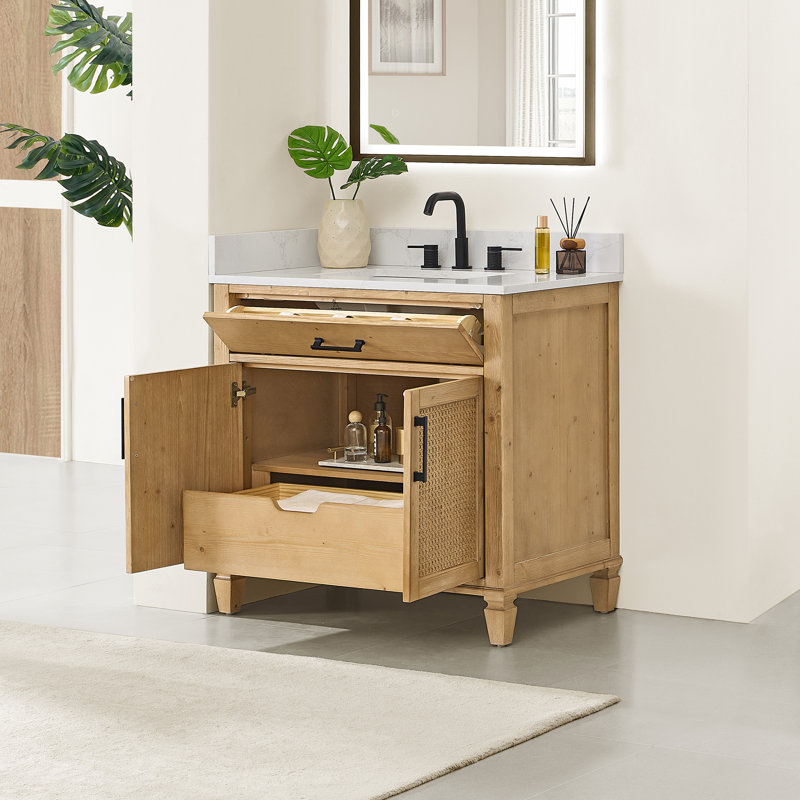 Meuble-lavabo simple 36 po Salome en sapin vieilli avec comptoir en pierre reconstituée blanche sans miroir