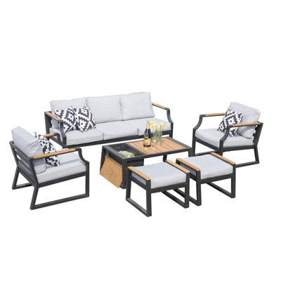 Ensemble de conversation de patio 6 pièces avec canapé 3 places, 2 canapés simples, repose-pieds et table basse avec seau à glace