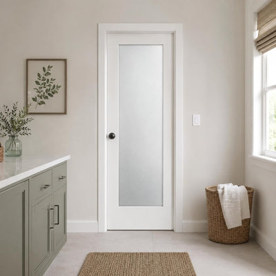 Panneau de porte intérieure en verre dépoli 76 x 203 x 3,5 cm, apprêt blanc, 1 vitrage transparent en verre trempé, montants et traverses en MDF, non percé, pour placard, garde-manger, salle de bain, buanderie