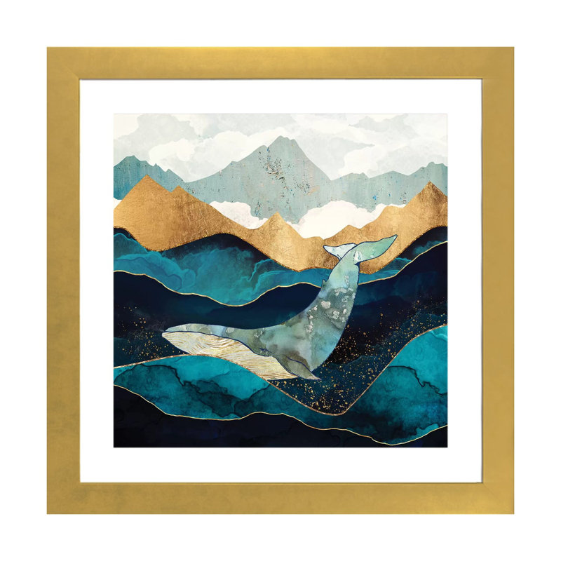 Baleine bleue - reproduction d'art, Papier encadré doré, Blanc, H 24 po x l 24 po x p 1 po