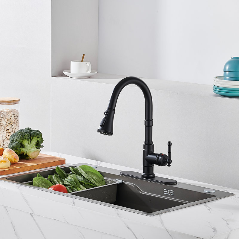 Robinet de cuisine rétractable à poignée simple avec plaque de pont, Noir mat