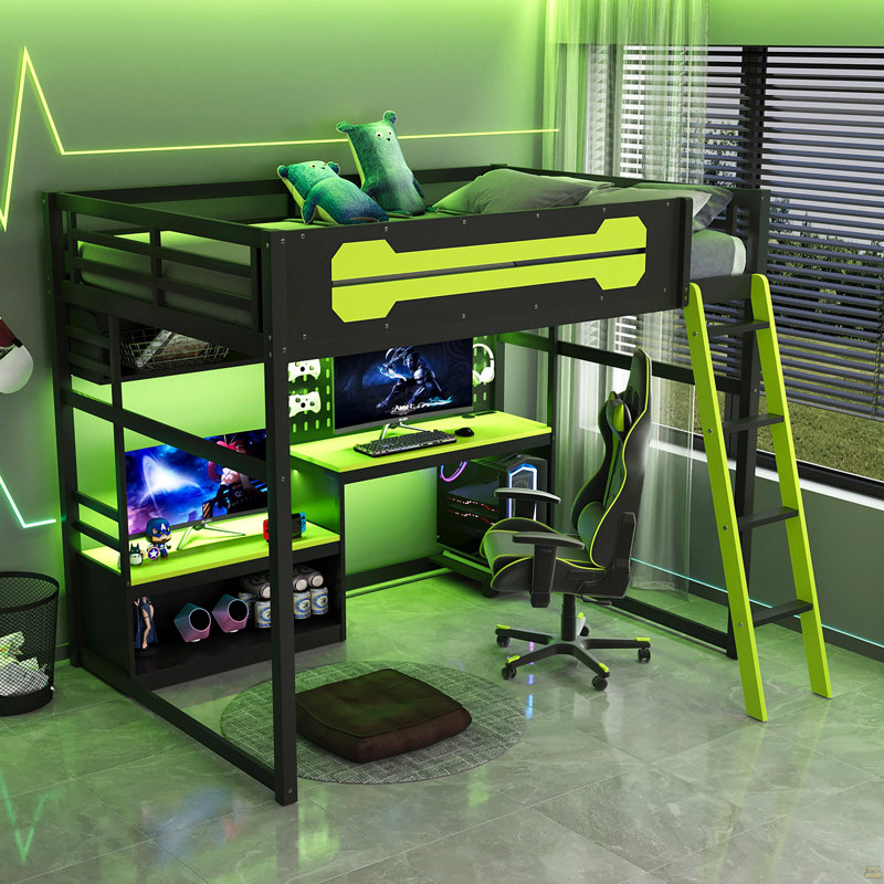 Lit mezzanine en bois pleine grandeur avec bureau, tablettes, lumières DEL, ports USB et panneau perforé, Noir/vert