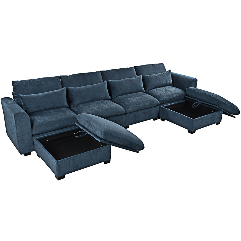 Canapé modulaire en U avec deux repose-pieds, Bleu
