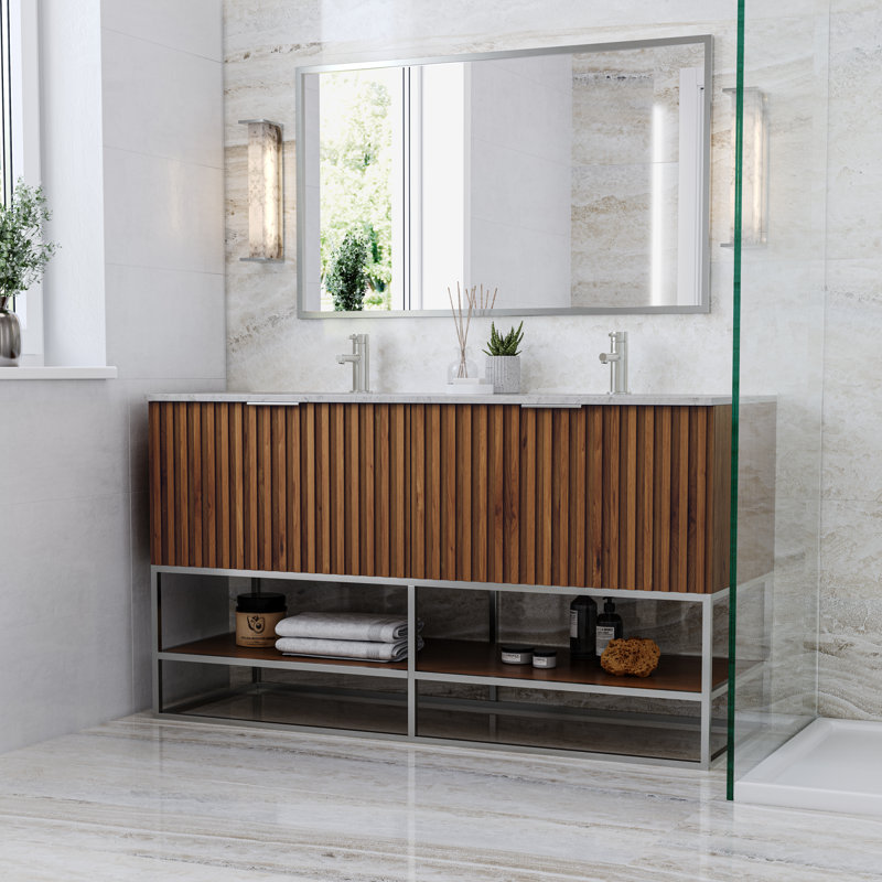 Terra 60'' W Double Vanity, Walnut, Carrara Marble/Single Faucet Mount, Brushed Nickel