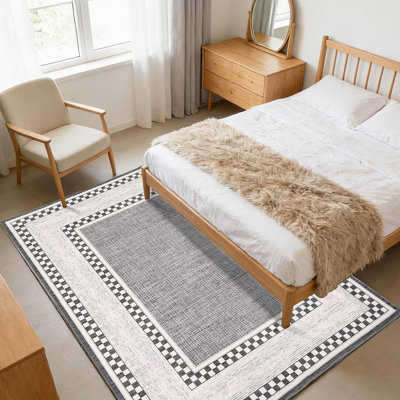 9x12 Checkered Area Rug, Washable Non Slip Low Pile Rug for Bedroom Living Room, Grey